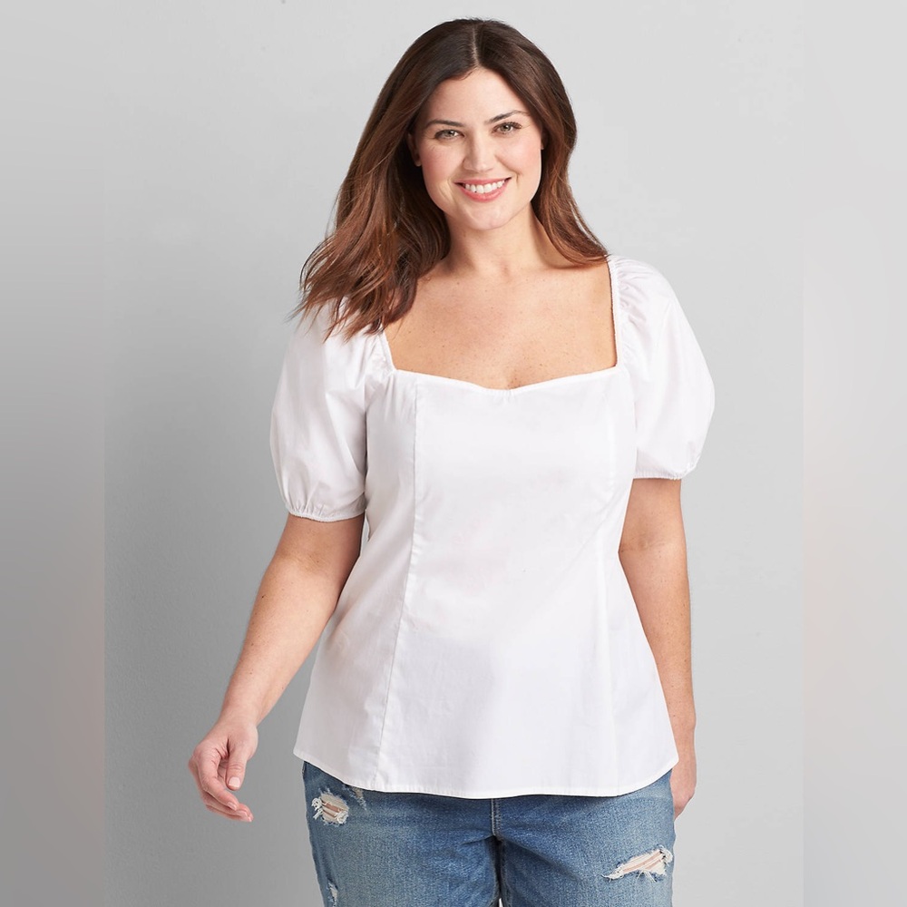 Lane Bryant Square Neck‎ Puff Sleeves Babydoll Top Size 18 White Cotton Minimal